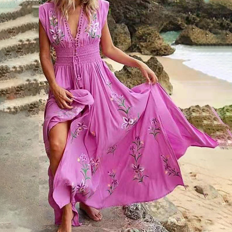 Ivory | Sleeveless Floral Embroidered Maxi Dress with Slit