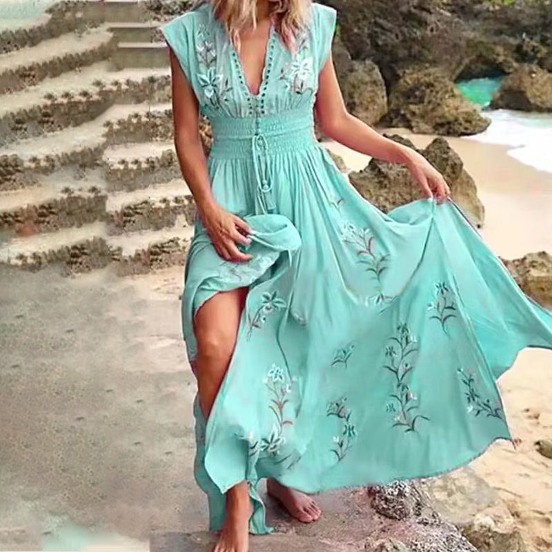 Ivory | Sleeveless Floral Embroidered Maxi Dress with Slit