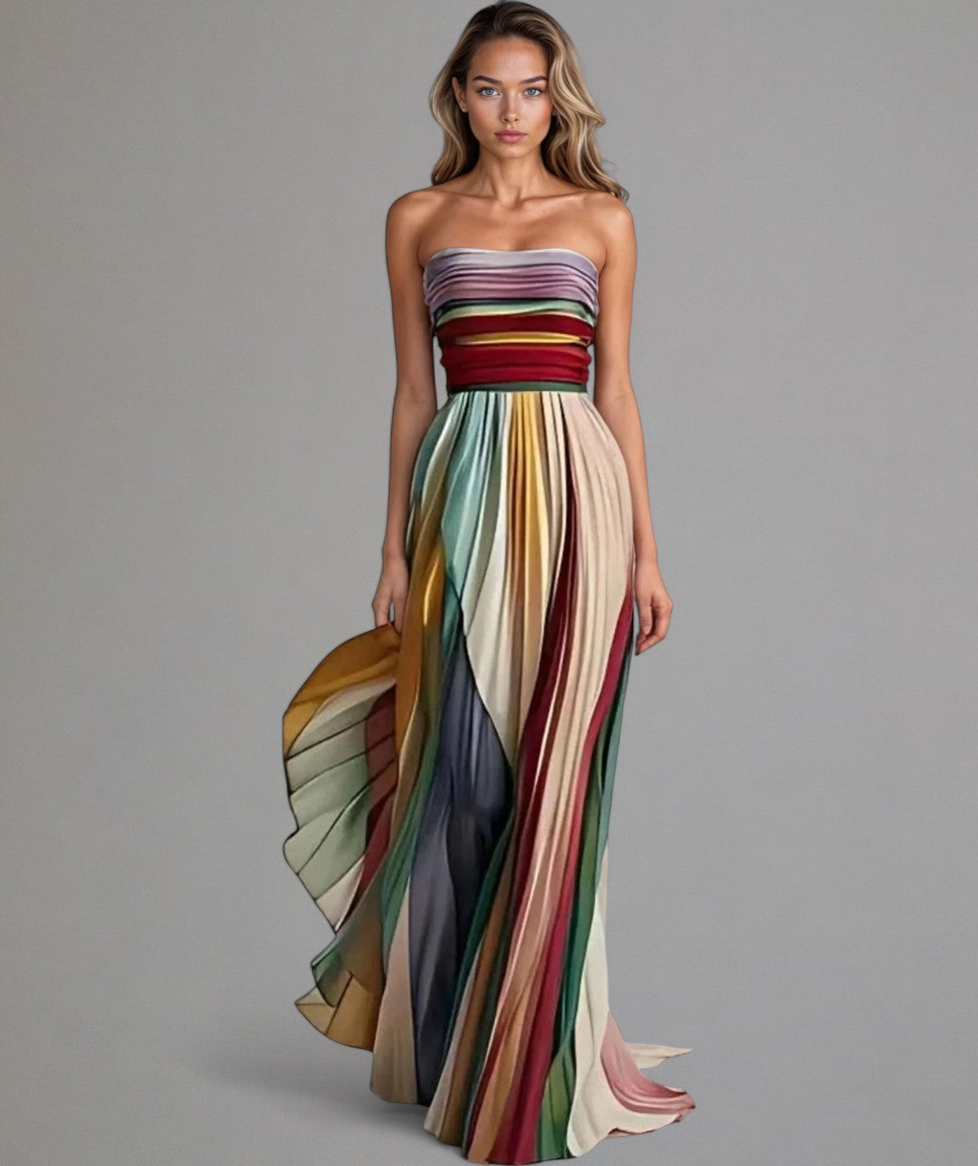 Pola | Strapless Multi-Coloured Pleated Maxi Dress