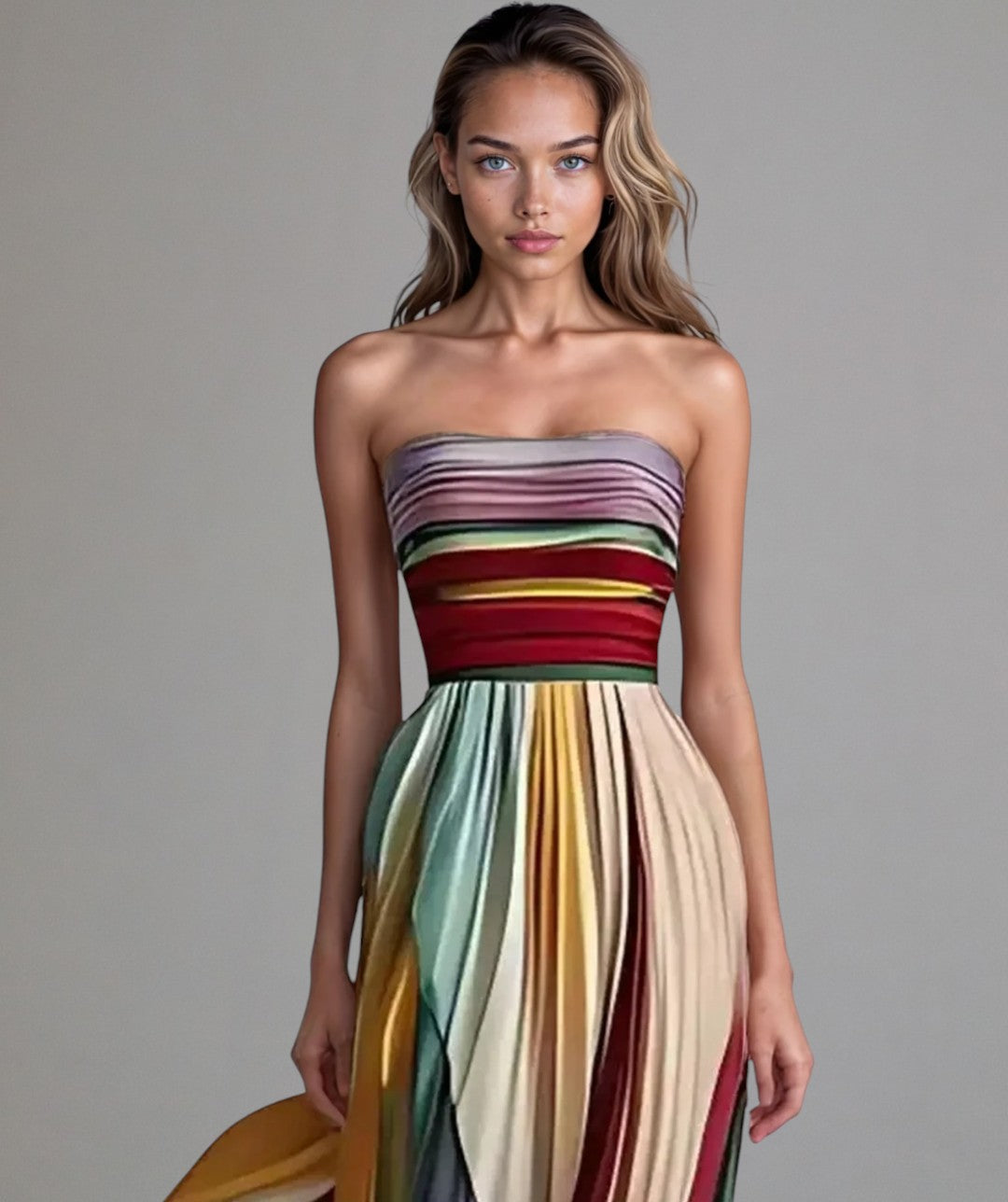 Pola | Strapless Multi-Coloured Pleated Maxi Dress